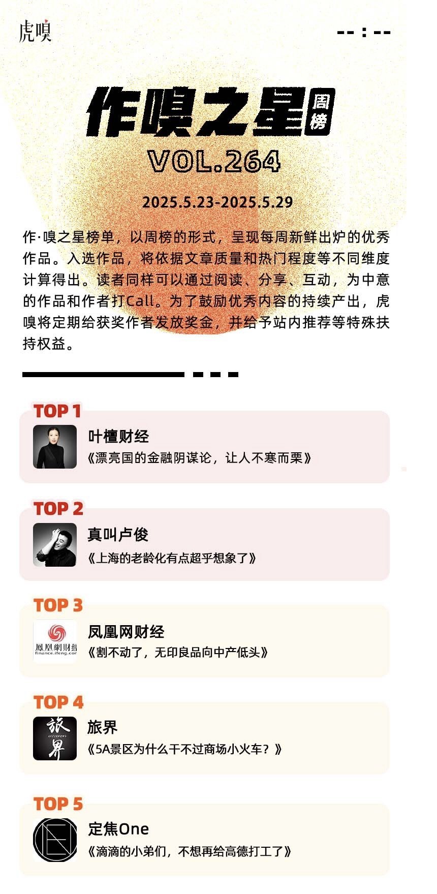 投注：虎嗅【作·嗅之星】周榜第264期